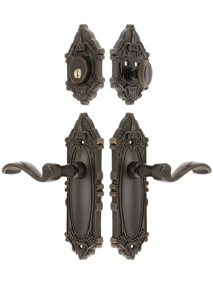 Grandeur Grande Victorian Entrance Door Set, Keyed Alike with Portofino Levers in Oil-Rubbed Bronze.
